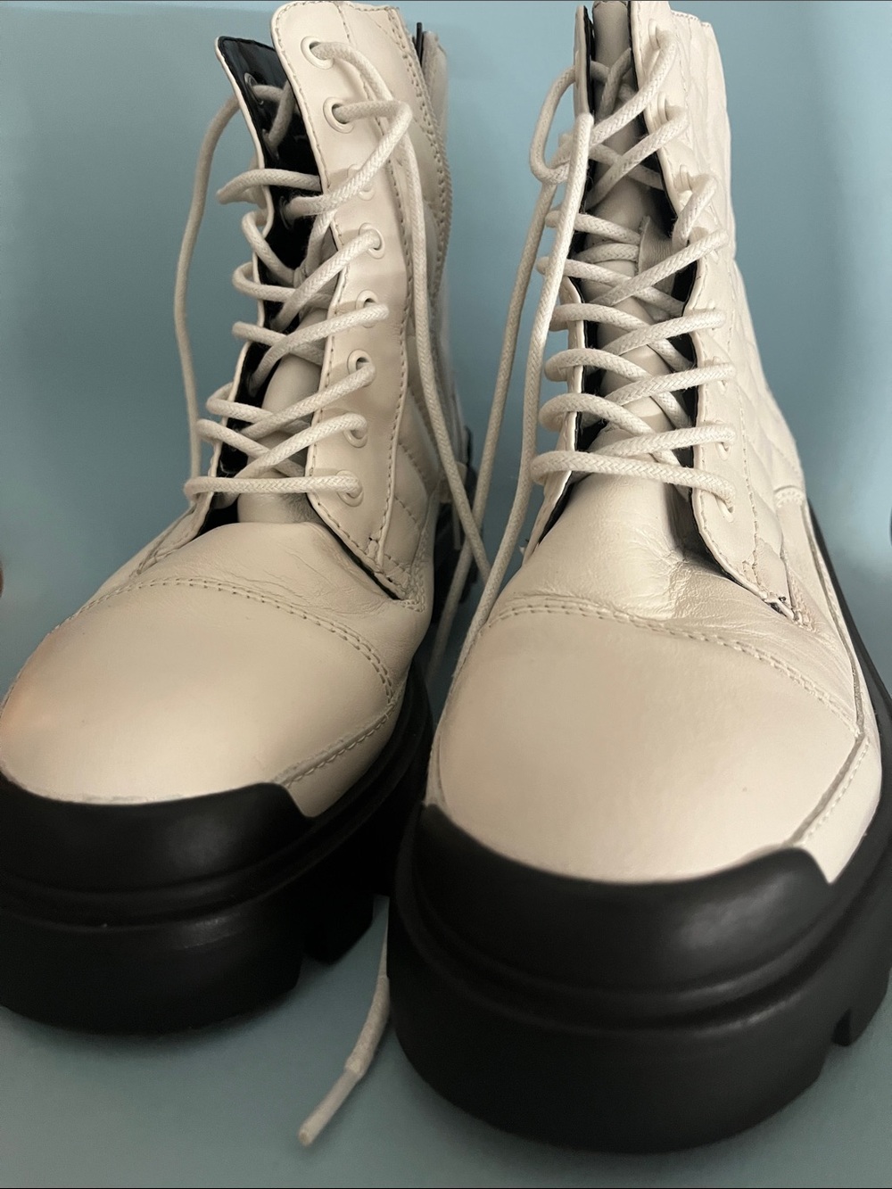 Aldo White Leather Lace-Up Platform Combat Boots with Black Sole